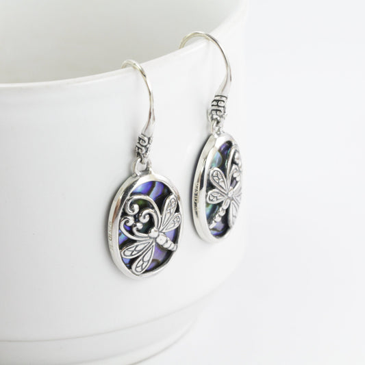 Abalone Shell earrings dangle set in 925 sterling silver, dragonfly earrings dangle