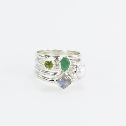 multi stone ring with emerald, peridot, moonstone, and fresh water pearl set in 925 sterling silver