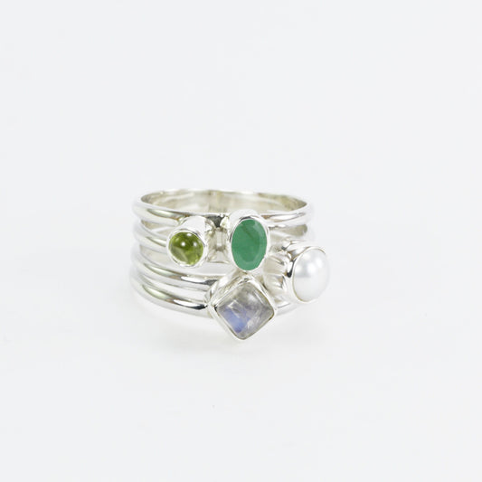 multi stone ring with emerald, peridot, moonstone, and fresh water pearl set in 925 sterling silver
