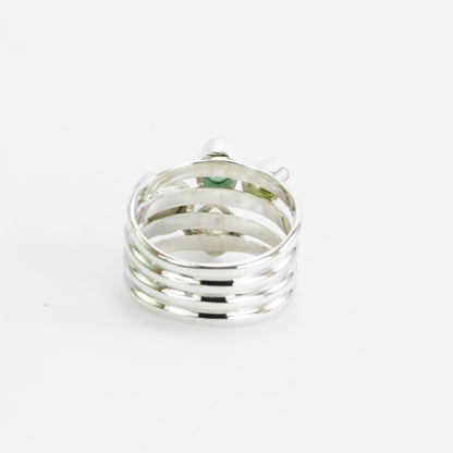 multi stone ring with emerald, peridot, moonstone, and fresh water pearl set in 925 sterling silver