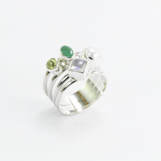 multi stone ring with emerald, peridot, moonstone, and fresh water pearl set in 925 sterling silver