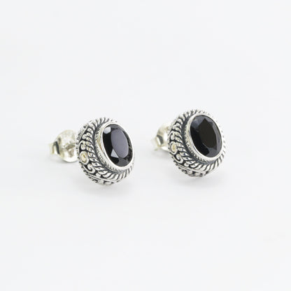 Black Onyx stud earrings set in 925 sterling silver, oval stone stud earrings, two tone stud