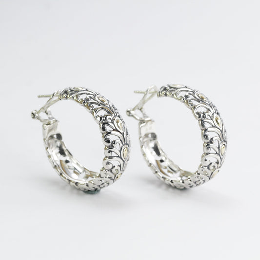 Hoop Earrings 925 sterling silver decorated with Swirl Filigree art and omega closure for women