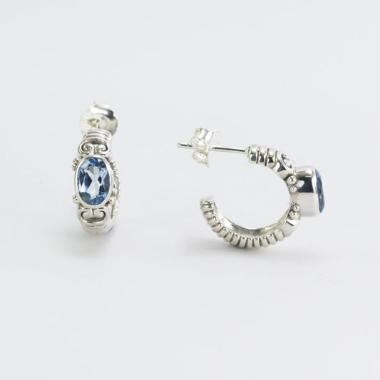 Hoops earrings 925 sterling silver with genuine oval swiss blue topaz bezel set