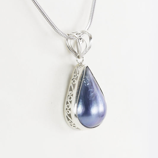 Blue Mabe pendant teardrop shape set in 925 sterling silver, peacock mabe pendant,