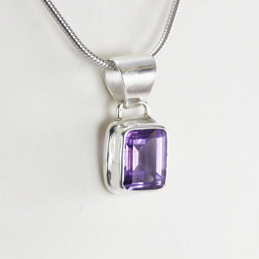 Amethyst Pendant Necklace bezel set 925 sterling silver, 8*10 mm octagon amethyst