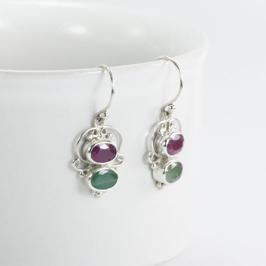 ruby emerald earrings dangle set in 925 sterling silver, ruby earrings, emerald earrings