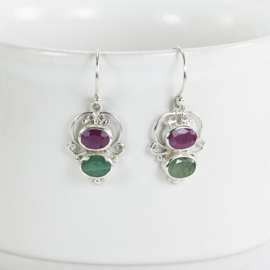 ruby emerald earrings dangle set in 925 sterling silver, ruby earrings, emerald earrings