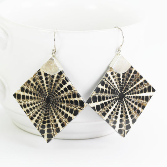Spider shell earrings dangle set in 925 sterling silver, square shell dangle earrings