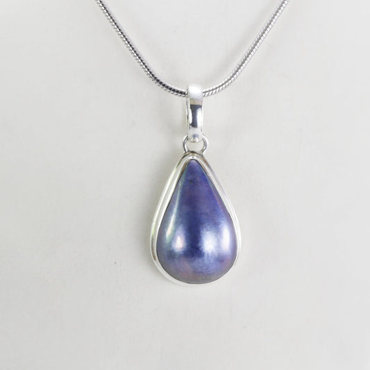 Blue mabe pearl necklace pendant set in 925 sterling silver, teardrop mabe pendant