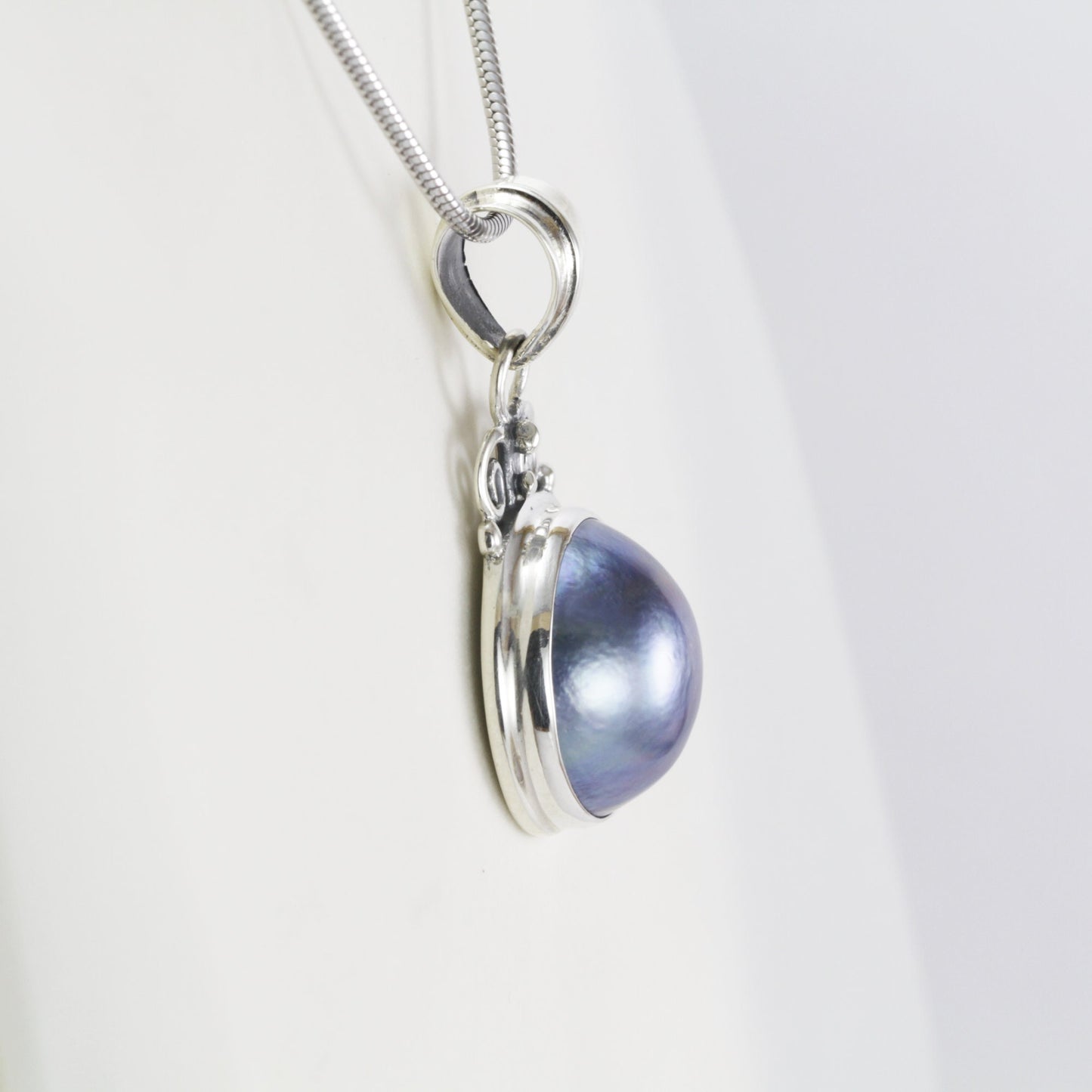 Blue mabe pearl necklace pendant set in 925 sterling silver, round mabe pendant