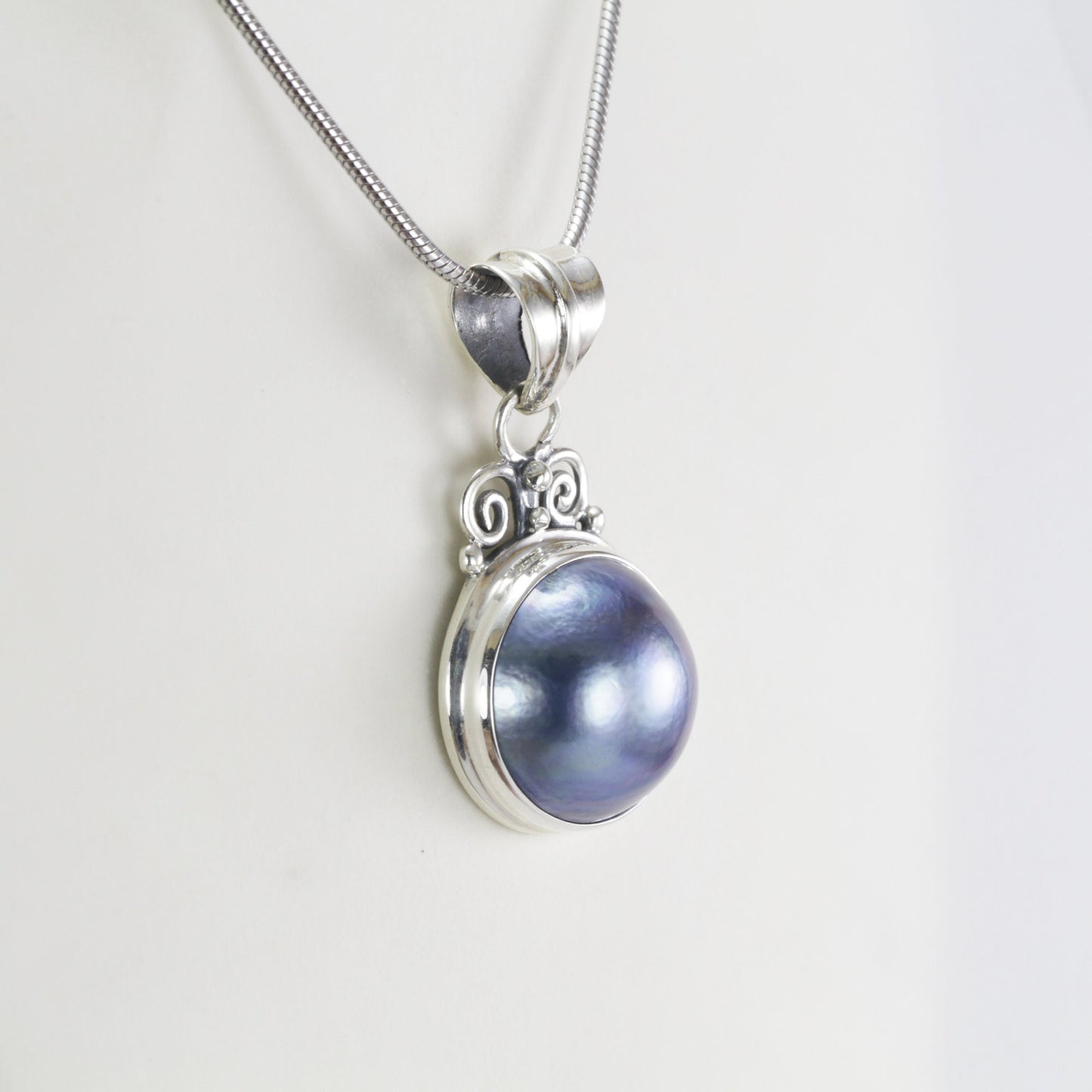 Blue mabe pearl necklace pendant set in 925 sterling silver, round mabe pendant