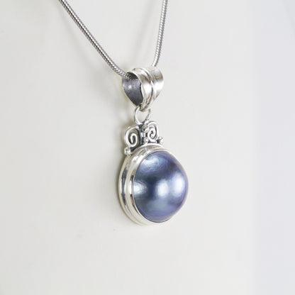 Blue mabe pearl necklace pendant set in 925 sterling silver, round mabe pendant