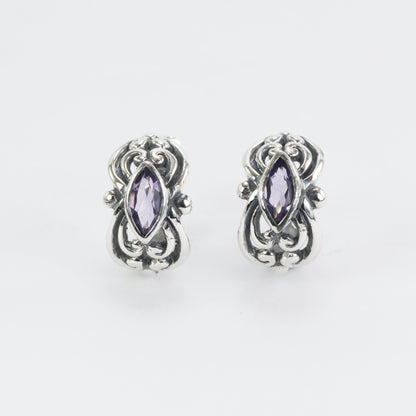 Hoops earrings 925 sterling silver with genuine swiss blue topaz bezel set, amethyst earrings hoop