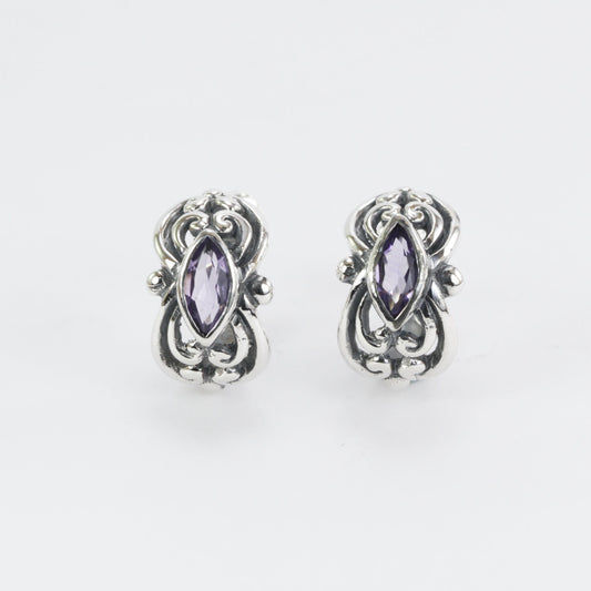 Hoops earrings 925 sterling silver with genuine swiss blue topaz bezel set, amethyst earrings hoop