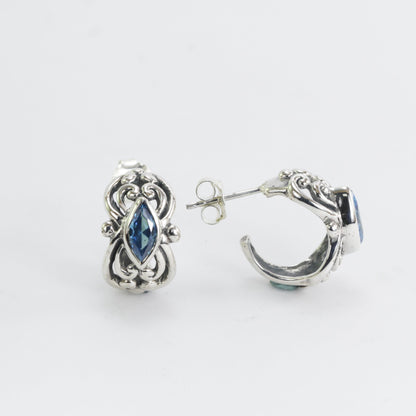 Hoops earrings 925 sterling silver with genuine swiss blue topaz bezel set, amethyst earrings hoop