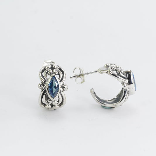 Hoops earrings 925 sterling silver with genuine swiss blue topaz bezel set, amethyst earrings hoop