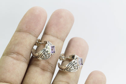 Hoops earrings 925 sterling silver with genuine amethyst