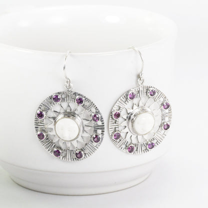 Moon face earrings dangle set in 925 sterling silver with genuine rhodolite gems stone, sun earring silver dangle