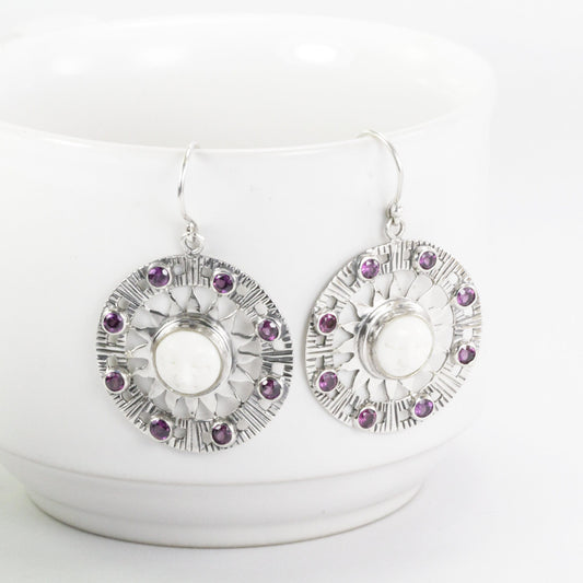 Moon face earrings dangle set in 925 sterling silver with genuine rhodolite gems stone, sun earring silver dangle