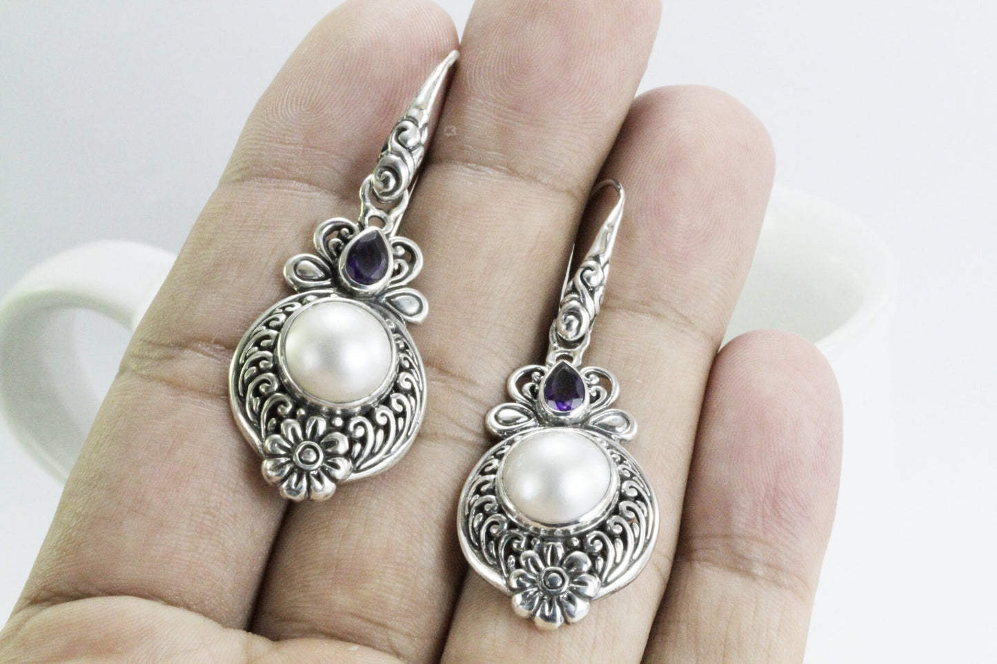 Balinese pearl earrings dangle in 925 sterling silver filigree art with natural amethyst, silver flower earrings