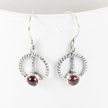 round garnet earrings dangle drop in 925 sterling silver cable style,