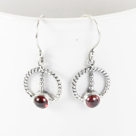 round garnet earrings dangle drop in 925 sterling silver cable style,