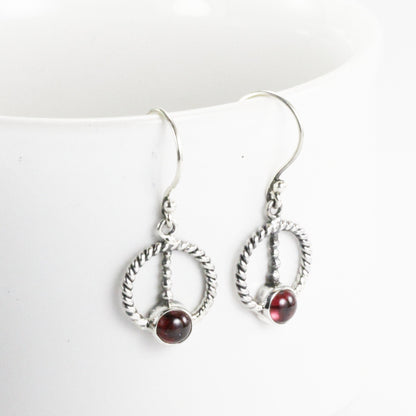 round garnet earrings dangle drop in 925 sterling silver cable style,