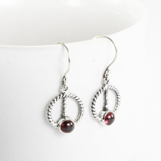 round garnet earrings dangle drop in 925 sterling silver cable style,