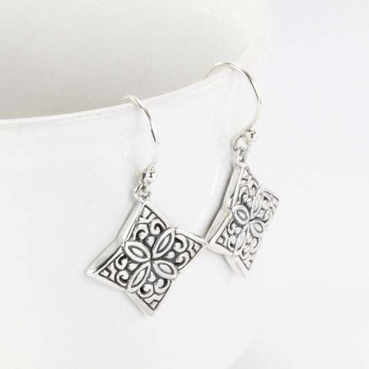 Silver earrings square carving in 925 sterling silver, Bali carving silver earrings dangle