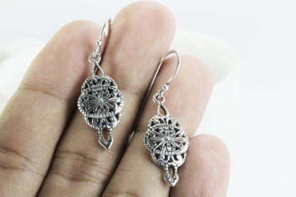 florist silver earrings in 925 sterling silver, Bali carving silver earrings dangle
