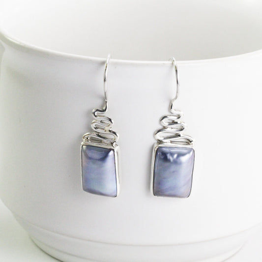 blue mabe earrings dangle 925 sterling silver, octagon mabe earrings dangle