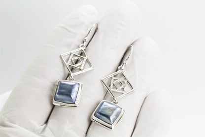 Square mabe Pearl Earrings 925 sterling, long earrings dangle with pearl