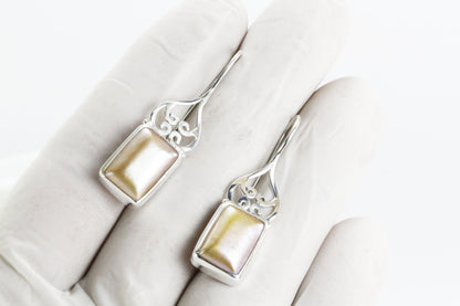 Gold mabe earrings dangle 925 sterling silver, octagon mabe earrings dangle