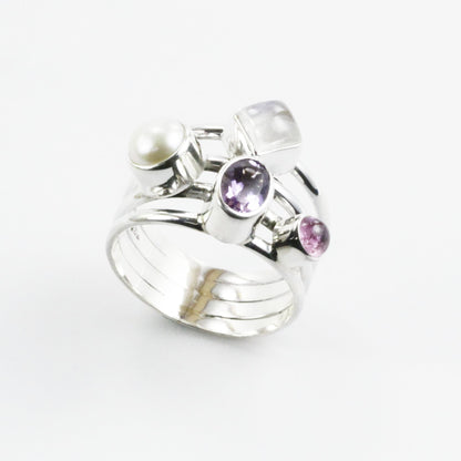 multi stone ring with amethyst, tourmaline, moonstone, and fresh water pearl set in 925 sterling silver