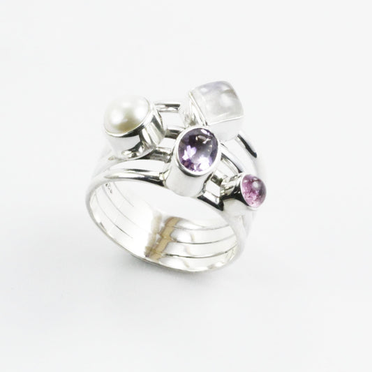multi stone ring with amethyst, tourmaline, moonstone, and fresh water pearl set in 925 sterling silver