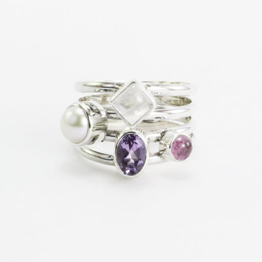 multi stone ring with amethyst, tourmaline, moonstone, and fresh water pearl set in 925 sterling silver