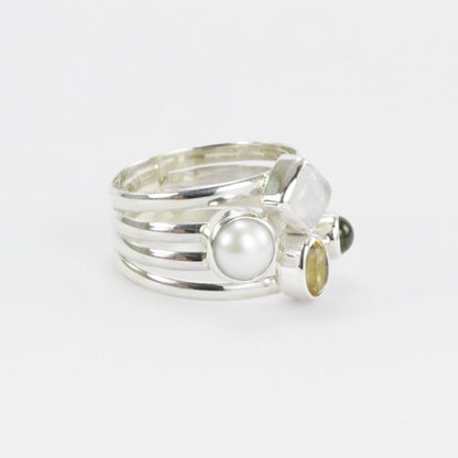 mix stone ring with citrine, peridot, moonstone, and fresh water pearl set in 925 sterling silver