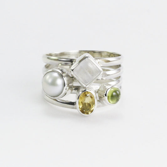 mix stone ring with citrine, peridot, moonstone, and fresh water pearl set in 925 sterling silver