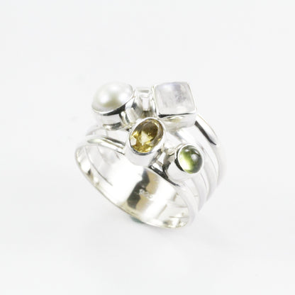 mix stone ring with citrine, peridot, moonstone, and fresh water pearl set in 925 sterling silver
