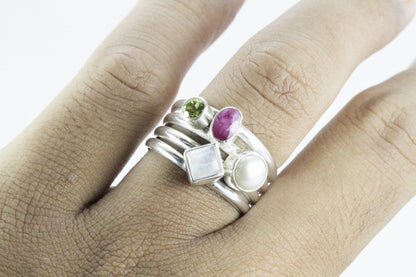 multi stone ring with ruby, peridot, moonstone, and fresh water pearl set in 925 sterling silver