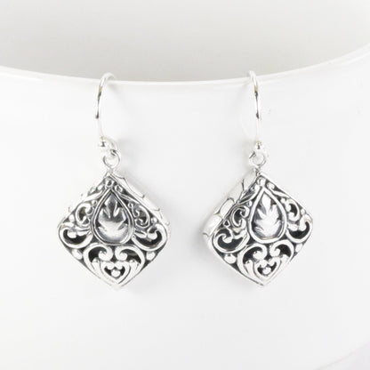 Earrings square carving in 925 sterling silver, Bali carving silver earrings dangle, florist earrings