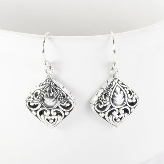 Earrings square carving in 925 sterling silver, Bali carving silver earrings dangle, florist earrings