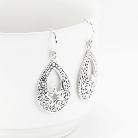 Teardrop earrings dangle 925 sterling silver, pear shape filigree earrings