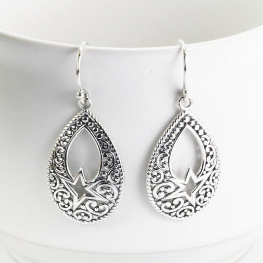 Teardrop earrings dangle 925 sterling silver, pear shape filigree earrings