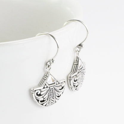 Silver leaf earrings 925 sterling silver handmade carving filigree art, fan earrings