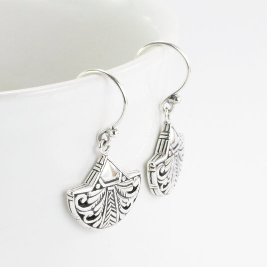 Silver leaf earrings 925 sterling silver handmade carving filigree art, fan earrings