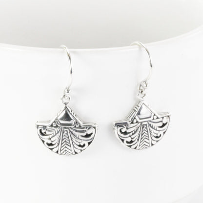 Silver leaf earrings 925 sterling silver handmade carving filigree art, fan earrings