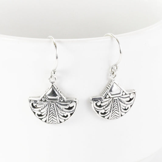 Silver leaf earrings 925 sterling silver handmade carving filigree art, fan earrings