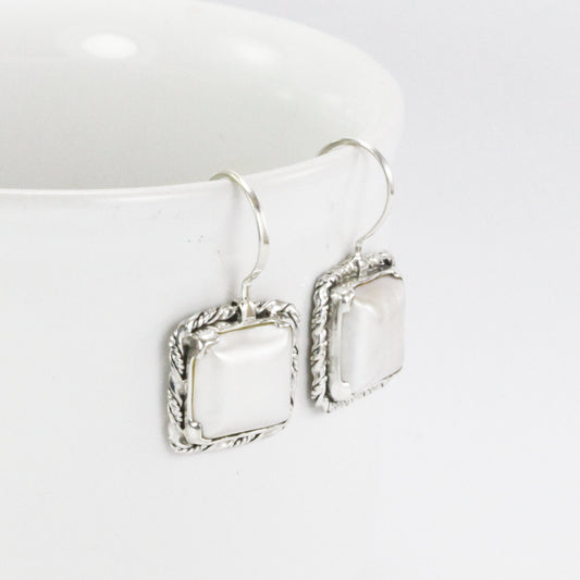 Square Pearl Earrings dangle 925 sterling, long earrings dangle with pearl, white mabe pearl earrings